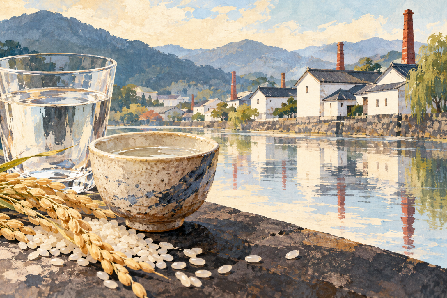 AI-generated concept illustration for Saijo Sake Brewery Street: A Food and Sake Day Trip from Hiroshima (food and sake detail)