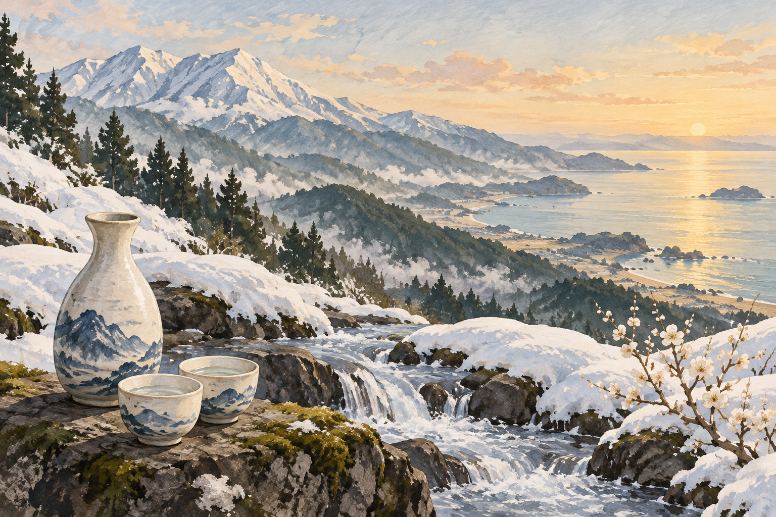 AI-generated concept illustration for Ishikawa Sake and Kaga Cuisine: A Journey Through Water, Seafood and Craft (travel setting)