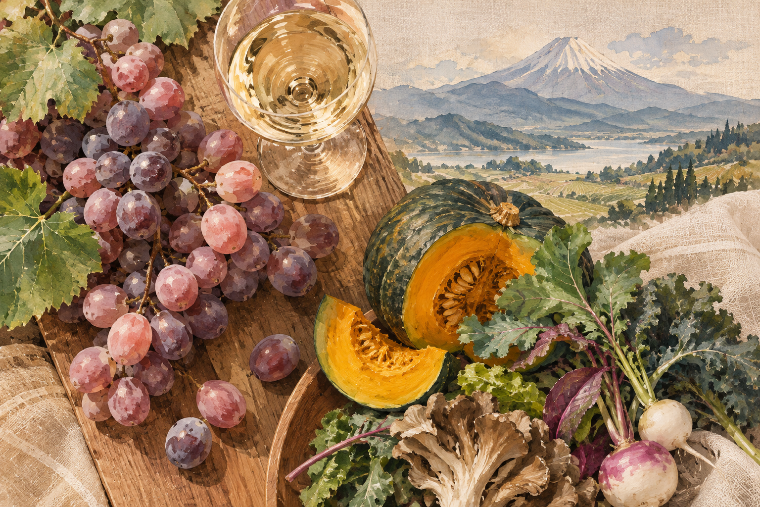 AI-generated concept illustration for Yamanashi Wine Country: Wineries, Koshu Grapes and Local Food Near Tokyo (food and sake detail)