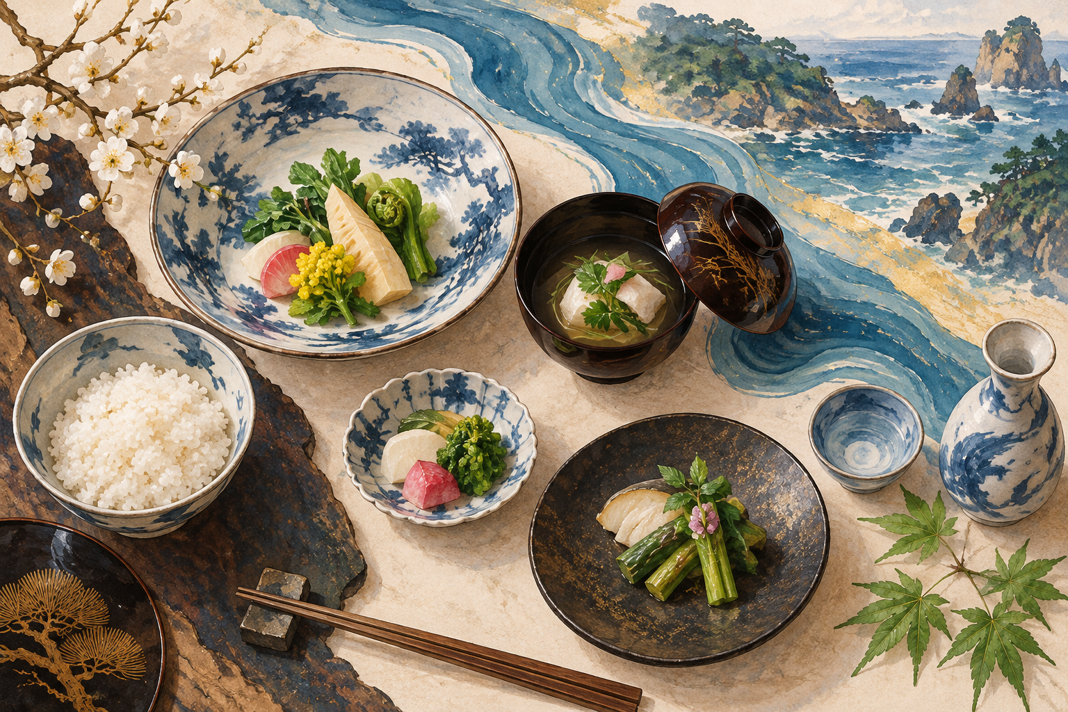 AI-generated concept illustration for Ishikawa Sake and Kaga Cuisine: A Journey Through Water, Seafood and Craft (food and sake detail)