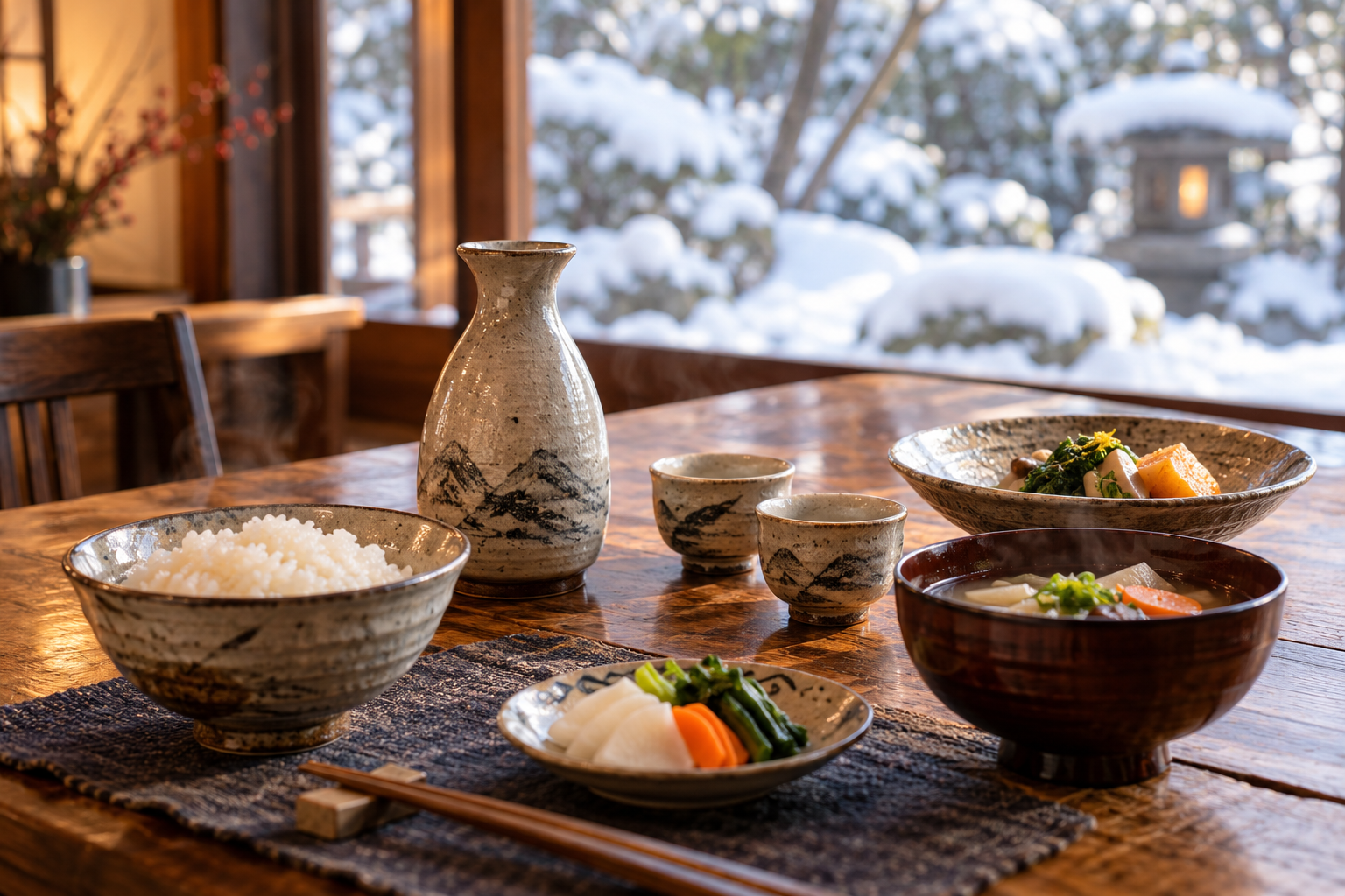 AI-generated concept illustration for Niigata Sake and Snow-Country Food: A Journey Through Rice, Water and Winter (travel setting)