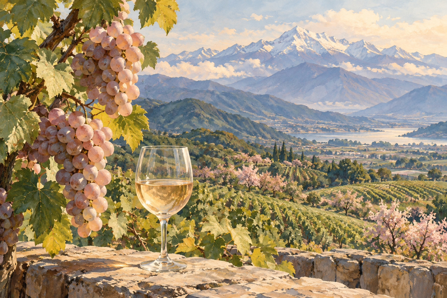 AI-generated concept illustration for Yamanashi Wine Country: Wineries, Koshu Grapes and Local Food Near Tokyo (travel setting)